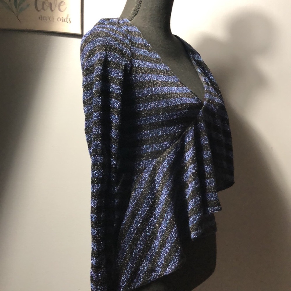 ZARA Blue Black Striped Top Front Frill Long Sleeve V-Neck New (RT$39) Small - Picture 2 of 5